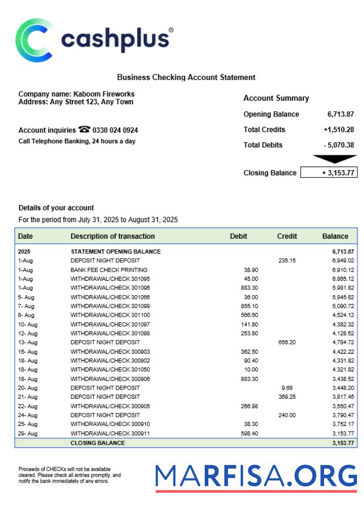Downloadable United Kingdom Cashplus corporate account statement Word and PDF template